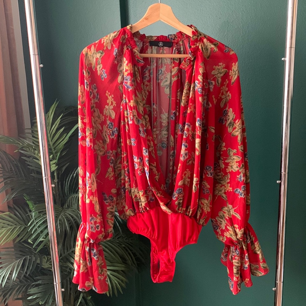 Missguided Red Floral Bodysuit Blouse